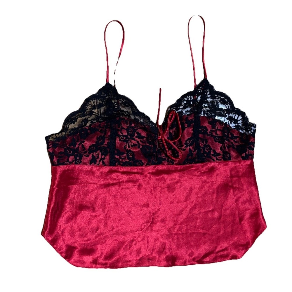 Y2K Red Satin Floral Lace Cami Tank Womens S Lingerie Vintage 90s Whimsigoth